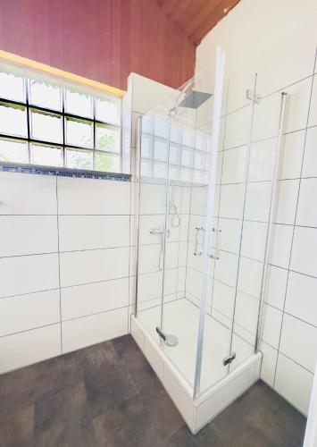 a bathroom with a shower and a walk in shower at Pension Asel in Wörth am Rhein