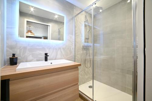uma casa de banho com um lavatório e um chuveiro em Maison avec spa dans l'hyper centre de Poitiers em Poitiers