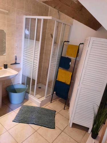 W łazience znajduje się prysznic, umywalka i wanna. w obiekcie Studio Ferme de la manufacture w mieście Essigny-le-Grand