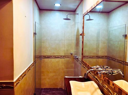 ein Bad mit einer Dusche und einem Waschbecken in der Unterkunft Hotel Boutique La Merced in Pasto