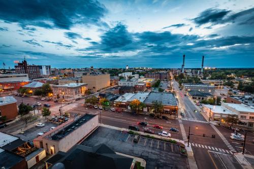 an overhead view of a city with cars on a street at voco The Tiger Hotel, Columbia, MO by IHG in Columbia