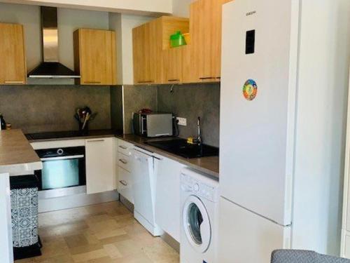 La cuisine est équipée d'un réfrigérateur blanc et d'un lave-vaisselle. dans l'établissement Appartement F3 avec terrasse et parking à 400m du centre d'Amélie-les-Bains - FR-1-703-23, à Amélie-les-Bains-Palalda