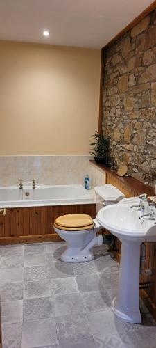 uma casa de banho com um WC, uma banheira e um lavatório. em Ard Darach Cottage em Pitlochry