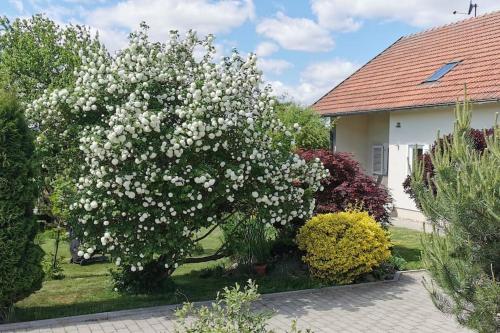 a flowering tree in front of a house at Ferienhaus Ruhe Oase im Bayerischen Wald in Traitsching