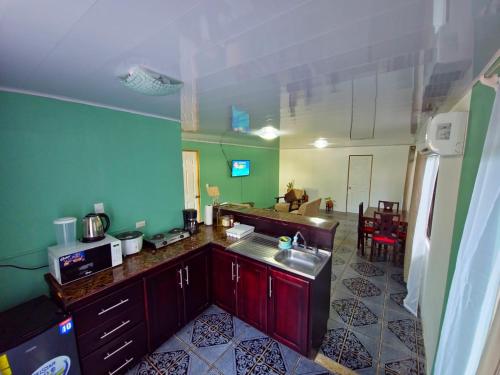 a kitchen with a sink and a counter top at Micheck beach house in Tortuguero
