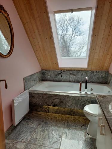 La salle de bains est pourvue d'une baignoire, de toilettes et d'une fenêtre. dans l'établissement La Nef Bleu, à Tadoussac