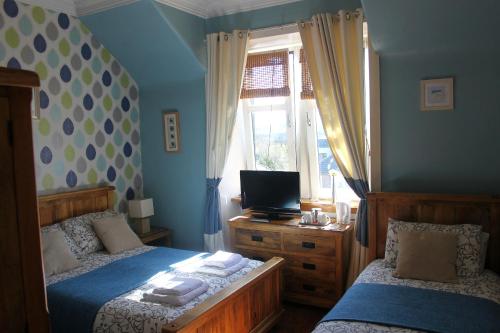 a blue bedroom with two beds and a window at Dalmore Lodge Guest House in Edinburgh