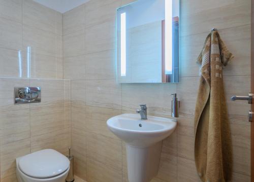 a bathroom with a sink and a toilet and a mirror at Apartmány Luhačovice, Royal in Luhačovice