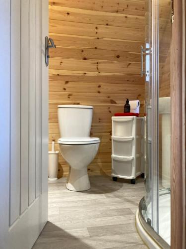 a bathroom with a toilet and a wooden wall at Sunset POD in Dunan