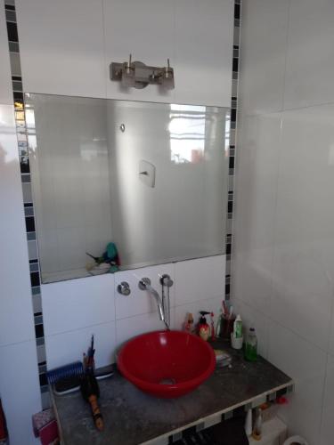 a bathroom with a red sink and a mirror at Espacio de arte físico in Buenos Aires