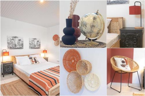 a collage of pictures of a bedroom with a bed and a room with at Au Roseau des Indes Appt avec piscine jardin et Fibre in Les Trois-Îlets