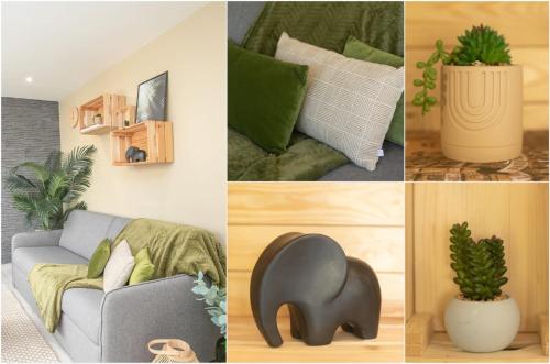 a collage of pictures of furniture and plants at Au Roseau des Indes Appt avec piscine jardin et Fibre in Les Trois-Îlets