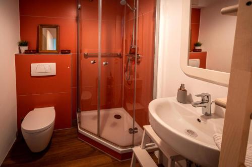 a bathroom with a shower and a toilet and a sink at 3-Raum-Appartement Hygge in Sassnitz