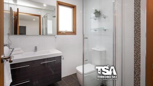 La salle de bains est pourvue de toilettes, d'un lavabo et d'une douche. dans l'établissement Ski Fall at Lake Crackenback, à Crackenback