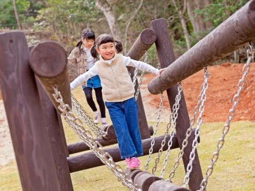 a little girl on a swing set at a park at Matsue Forest Park in Matsue