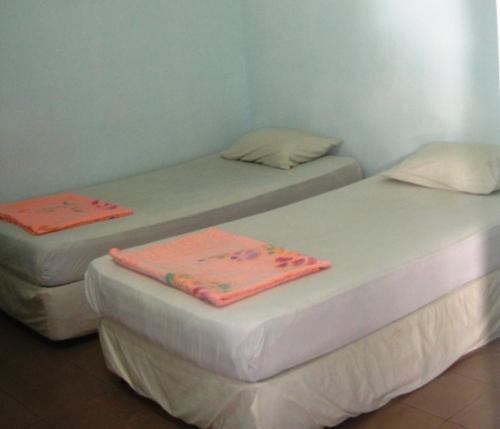 two twin beds sitting in a room withacers at ET Budget Guest House in Batu Ferringhi