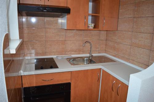 a small kitchen with a sink and a stove at Apartments Katica in Selce