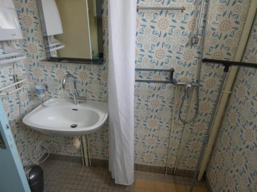 baño con lavabo y cortina de ducha en Appartement La Barre-de-Monts, 2 pièces, 4 personnes - FR-1-540-208, en La Barre-de-Monts