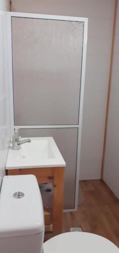 a bathroom with a white toilet and a sink at Las Lambertianas in Colonia Elía