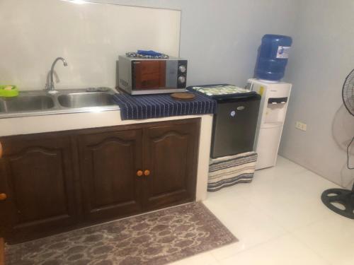 cocina con fregadero y microondas en LP Madriaga Private Apt fully furnished w/Balcony en Ayusan Norte