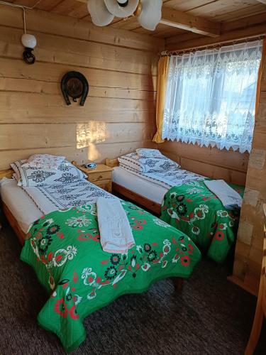 2 Einzelbetten in einem Zimmer mit Fenster in der Unterkunft Pokoje Gościnne Grażyna Kozioł in Zakopane