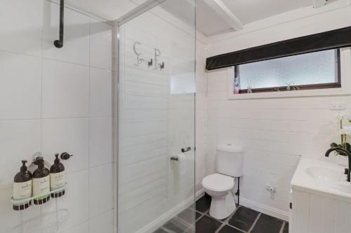 een witte badkamer met een douche en een toilet bij Woodland Rise in Mount Buller