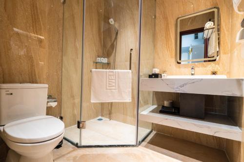 a bathroom with a toilet and a sink and a mirror at LeeVi Homestay - Coffee - Milktea in Phu Quoc