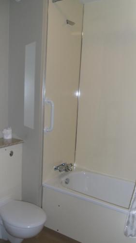 a white bathroom with a toilet and a shower at Eyesleepover in Eyemouth