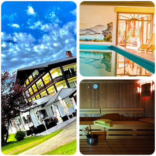 three pictures of a house and a swimming pool at Landhotel GrünWies -Bonsai-Wellness Garni in Lohberg