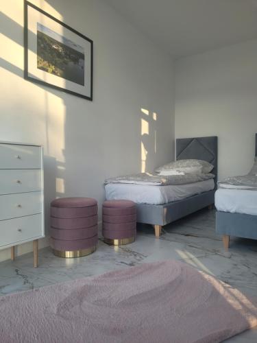 sypialnia z 2 łóżkami, komodą i dywanem w obiekcie Apartament Turystyczny z widokiem na jezioro w Charzykowach