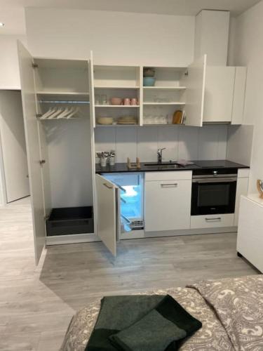 a kitchen with white cabinets and a stove top oven at Studio in neuem EFH (2023) in Elsau