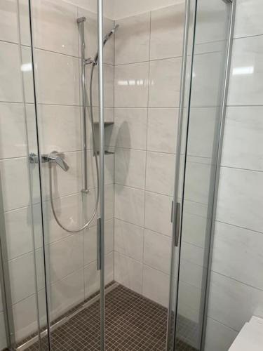 a shower with a glass door in a bathroom at Studio in neuem EFH (2023) in Elsau