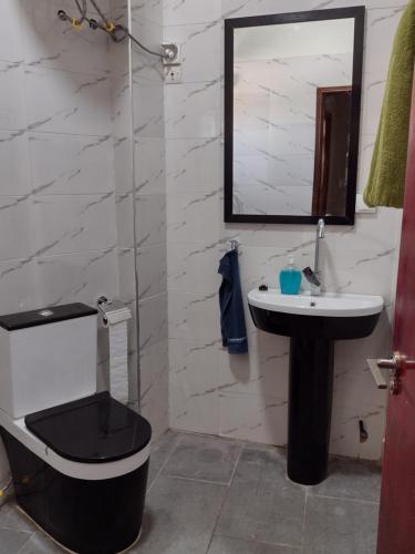 a bathroom with a sink and a toilet and a mirror at Ruhige, helle Wohnung beim Lac Rose in Dakar