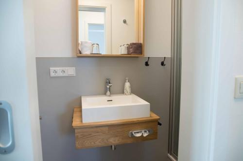 a bathroom with a white sink and a mirror at Villa Westend in Norderney