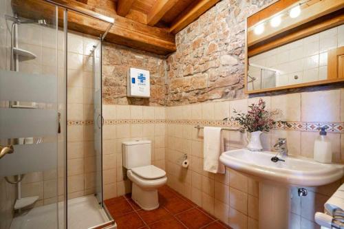 een badkamer met een toilet, een wastafel en een douche bij Apartamento Rural Celada 2 