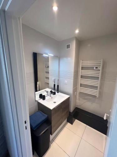 une salle de bain blanche avec un lavabo et un miroir dans l'établissement Charmant studio cabin avec piscine., au Cap d'Agde