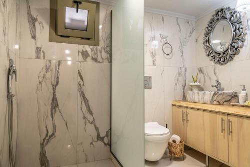 La salle de bains est pourvue d'une douche, de toilettes et d'un miroir. dans l'établissement Villa Emmanouela Kamilari, à Kamilárion