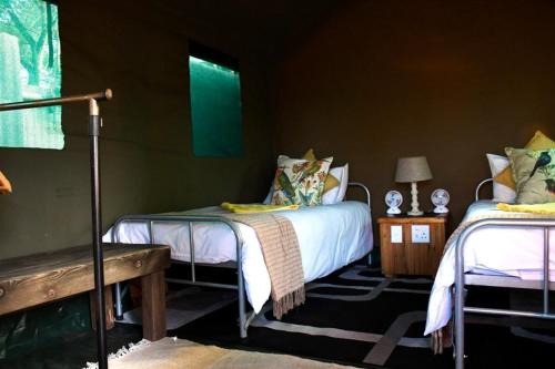 a bedroom with two beds and a bench in it at NDZUTI BUSH CAMP in Balule Game Reserve