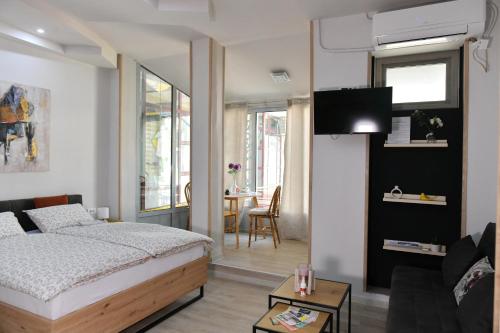 1 dormitorio con 1 cama y sala de estar en Apartman Time out 1, en Sombor