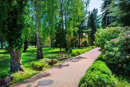 a brick path in a park with a bench and trees at Leśna Radość in Jastrząb