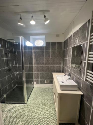 ein Bad mit einer Dusche, einem Waschbecken und einer Dusche in der Unterkunft La maison de la tour in Apremont