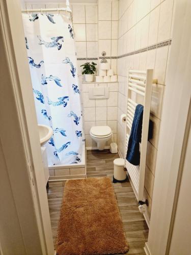 een badkamer met een toilet, een wastafel en een douche bij Full Apartment in Hamburg-Mitte in Hamburg