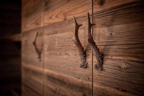 a pair of antlers hanging on a wooden wall at SALZANO Apartments in Interlaken