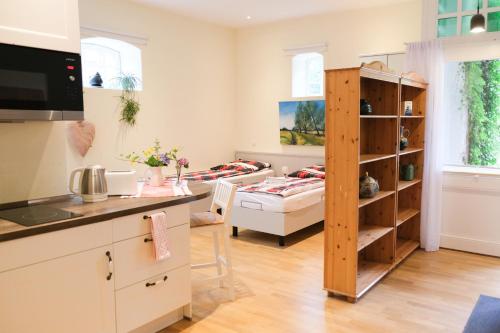 a kitchen and living room with a room with a couch at Schloms Hof in Waffensen