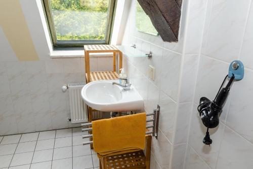 a small bathroom with a sink and a window at 3-R-Ferienwohnung-fuer-4-Personen-in-Schaprode-auf-Ruegen-Zi3 in Schaprode