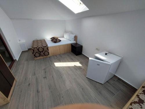 コスティネシュティにあるIonelaのベッド1台、冷蔵庫が備わる小さな客室です。