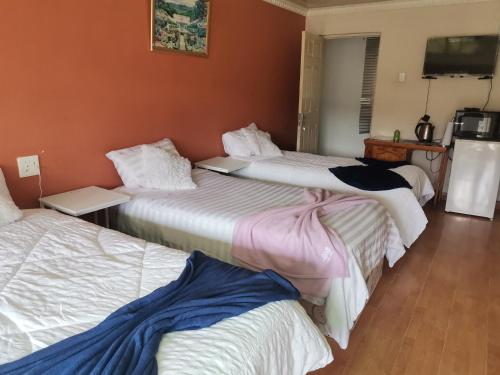 a hotel room with two beds and a tv at Village Retreat Ngcamngeni in Debe Nek