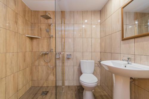 een badkamer met een toilet, een wastafel en een douche bij Holiday Ozon in Sztutowo