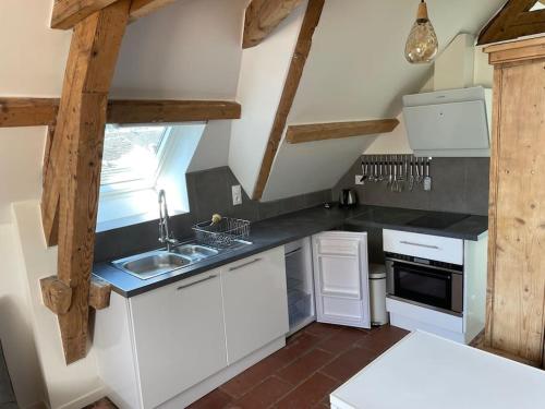 uma cozinha com armários brancos e um lavatório em Loft Marguerite de Bourgogne em Tonnerre