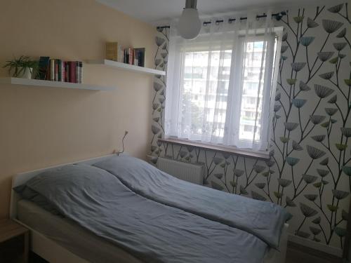 a bedroom with a bed and a window at Books Apartments- blisko morza in Gdańsk